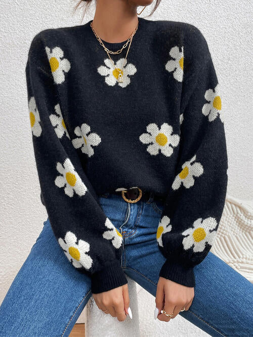 Flower Round Neck Latern Sleeve Sweater - Madikfashions.com