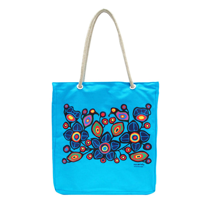 Blue tote bag with colorful abstract design on a white background