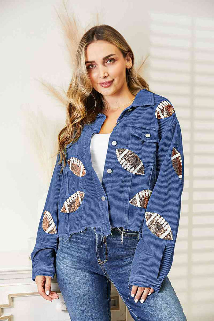 Football Patch Raw Hem Shacket - Madikfashions.com