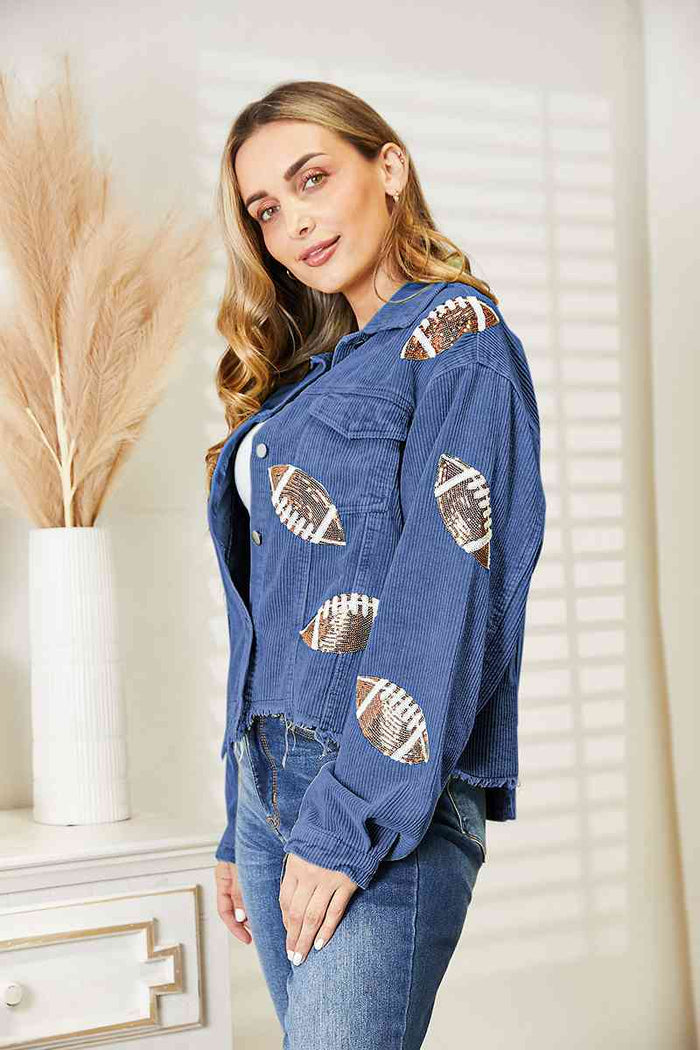 Football Patch Raw Hem Shacket - Madikfashions.com