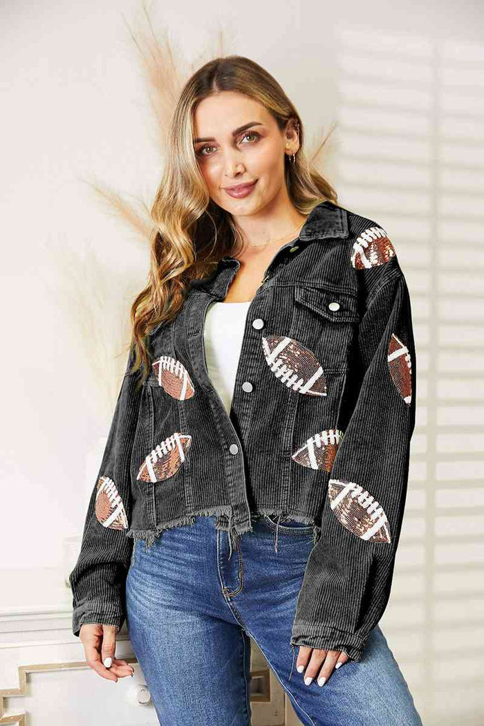 Football Patch Raw Hem Shacket - Madikfashions.com