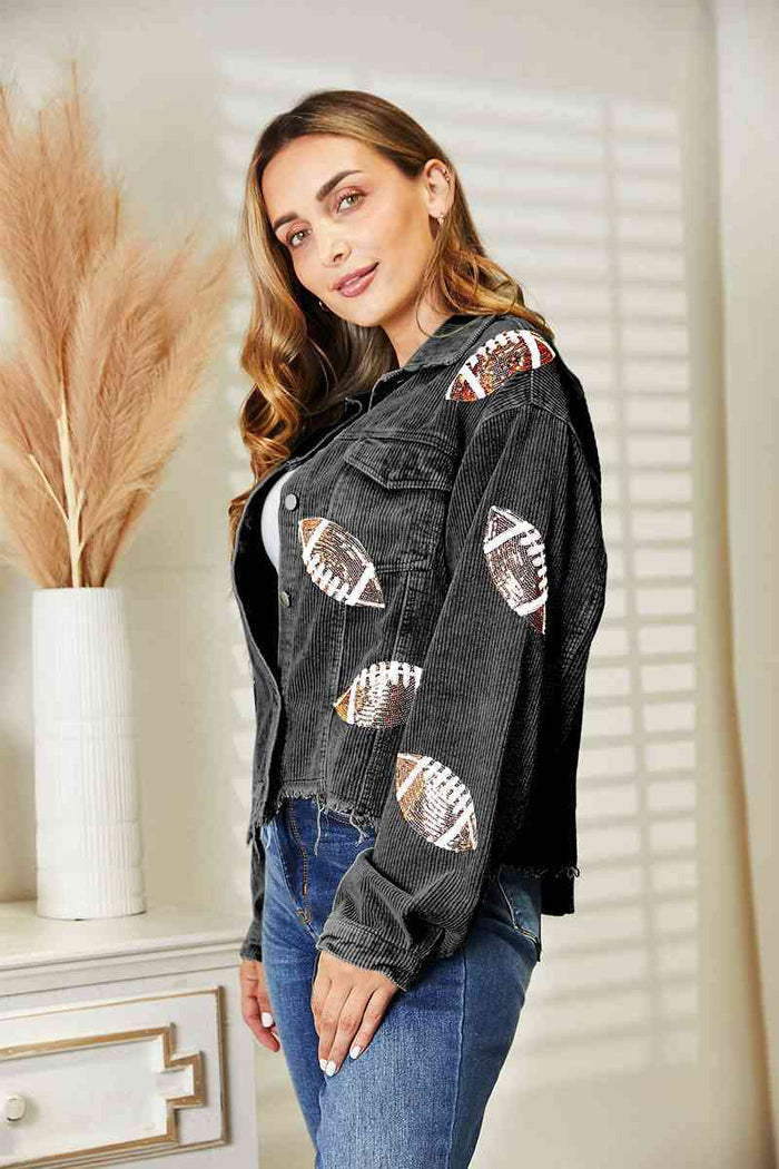 Football Patch Raw Hem Shacket - Madikfashions.com