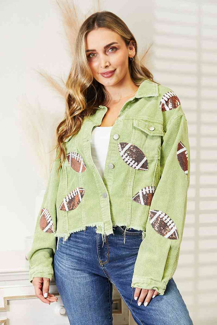 Football Patch Raw Hem Shacket - Madikfashions.com