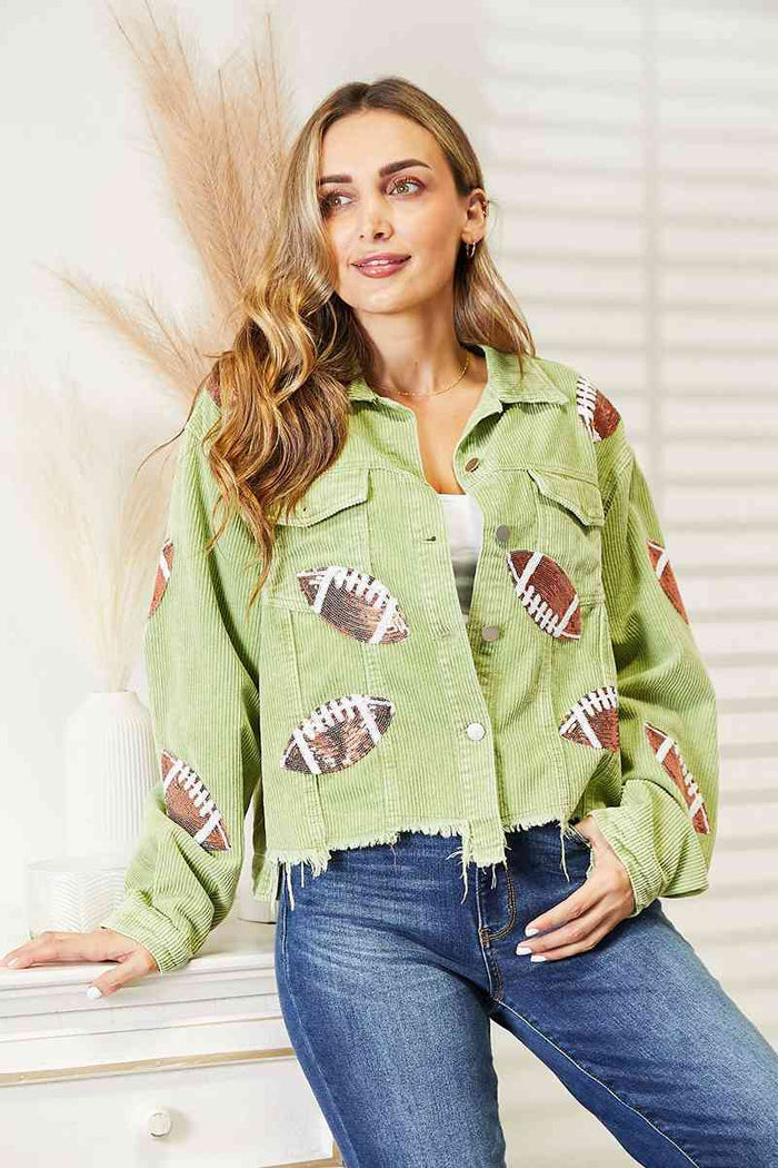 Football Patch Raw Hem Shacket - Madikfashions.com