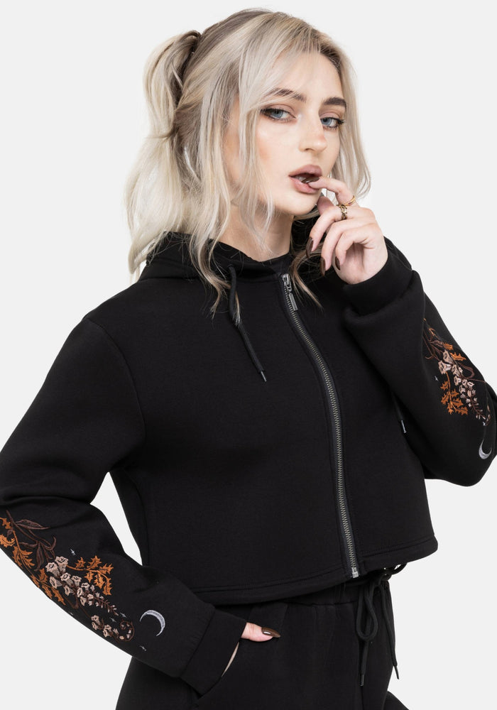 Foxglove Embroidered Zip Up Cropped Hoodie