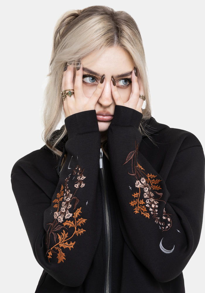 Foxglove Embroidered Zip Up Cropped Hoodie