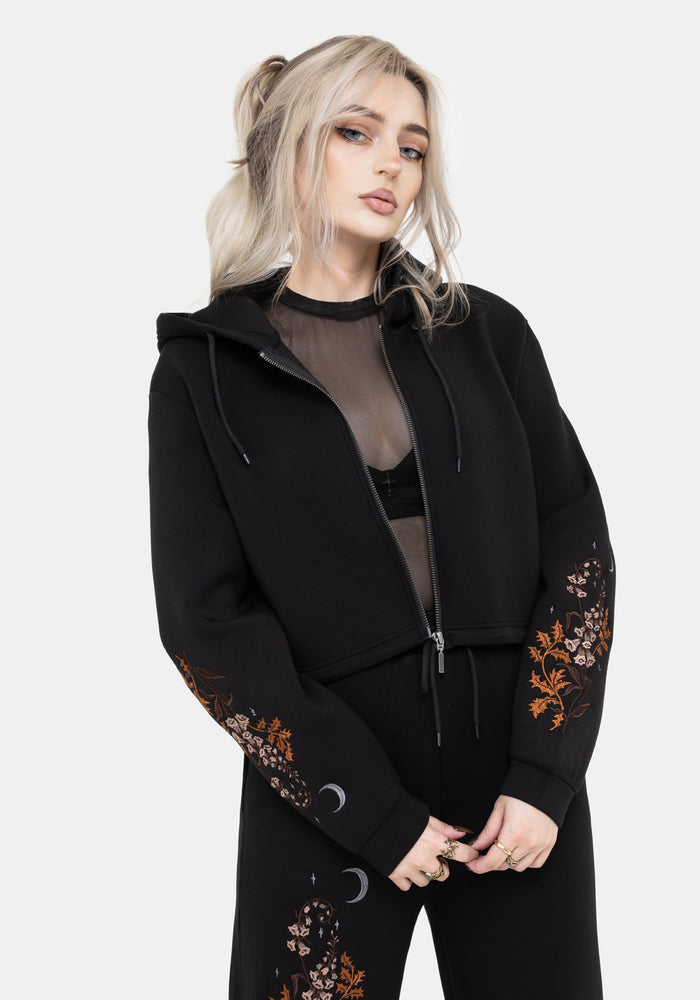Foxglove Embroidered Zip Up Cropped Hoodie