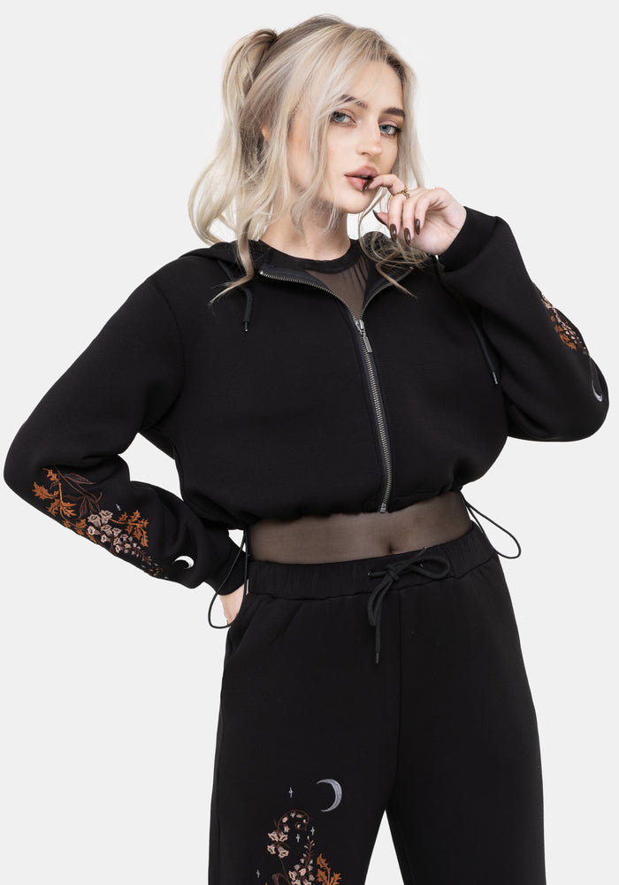 Foxglove Embroidered Zip Up Cropped Hoodie
