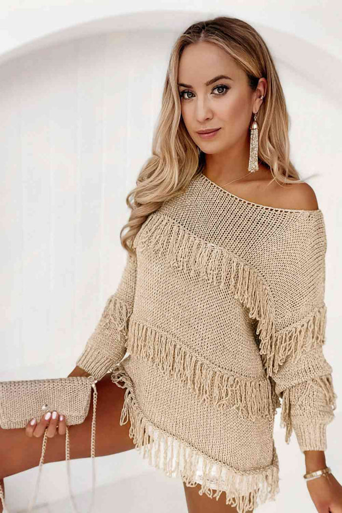 Fringe Detail Long Sleeve Sweater - Madikfashions.com