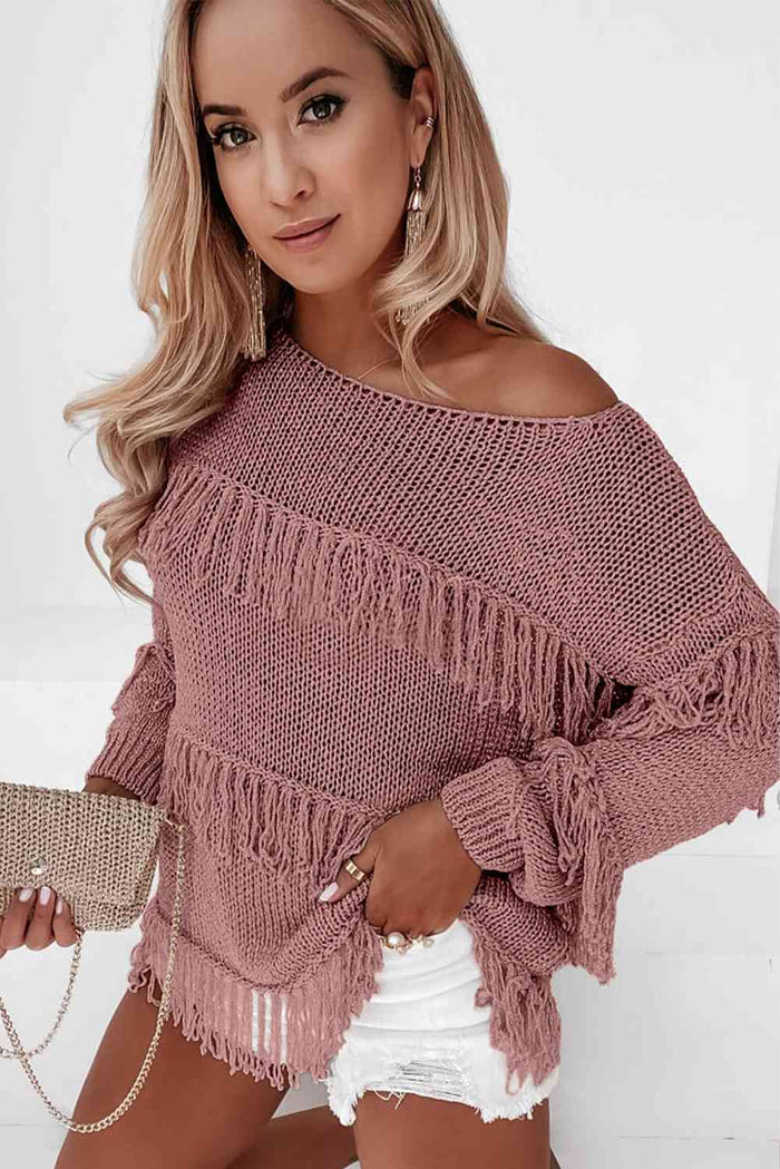 Fringe Detail Long Sleeve Sweater - Madikfashions.com