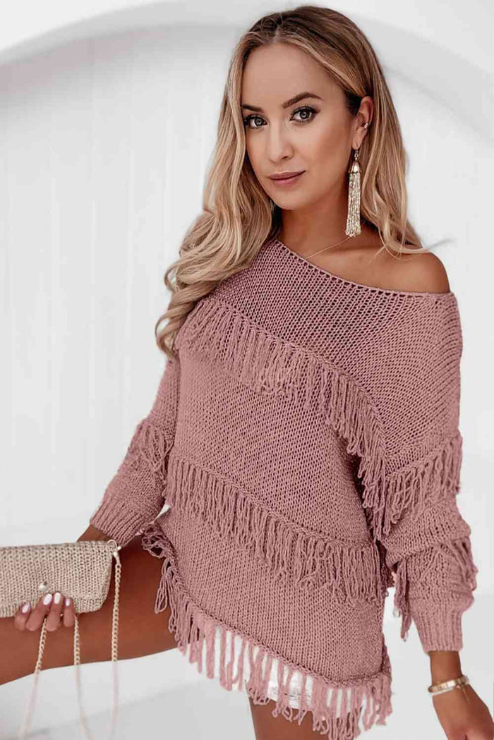 Fringe Detail Long Sleeve Sweater - Madikfashions.com