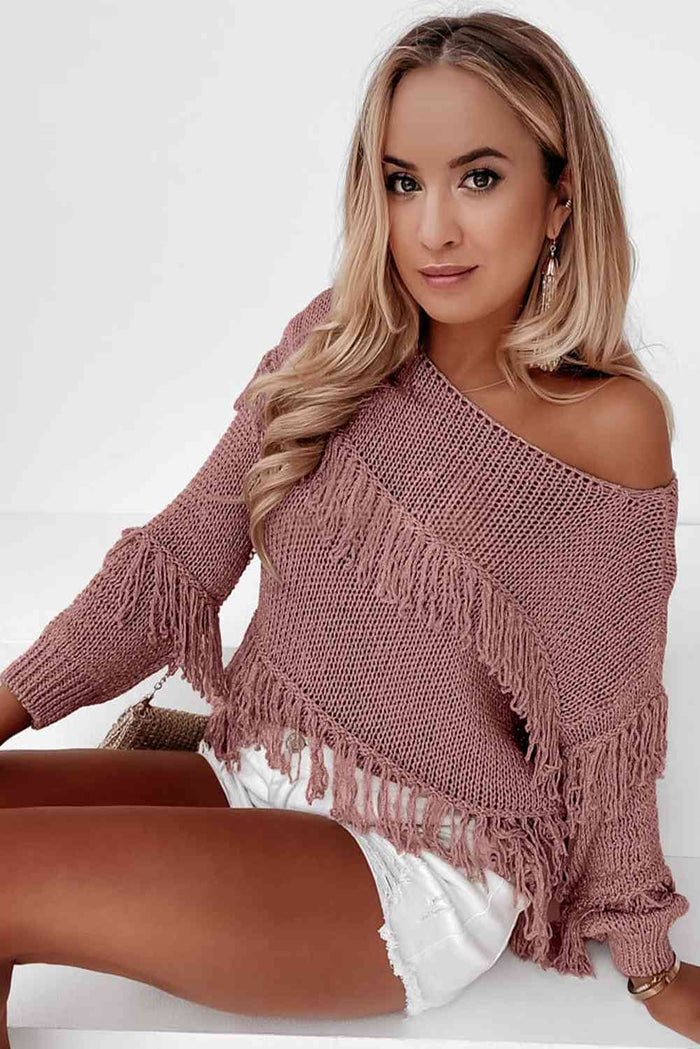 Fringe Detail Long Sleeve Sweater - Madikfashions.com