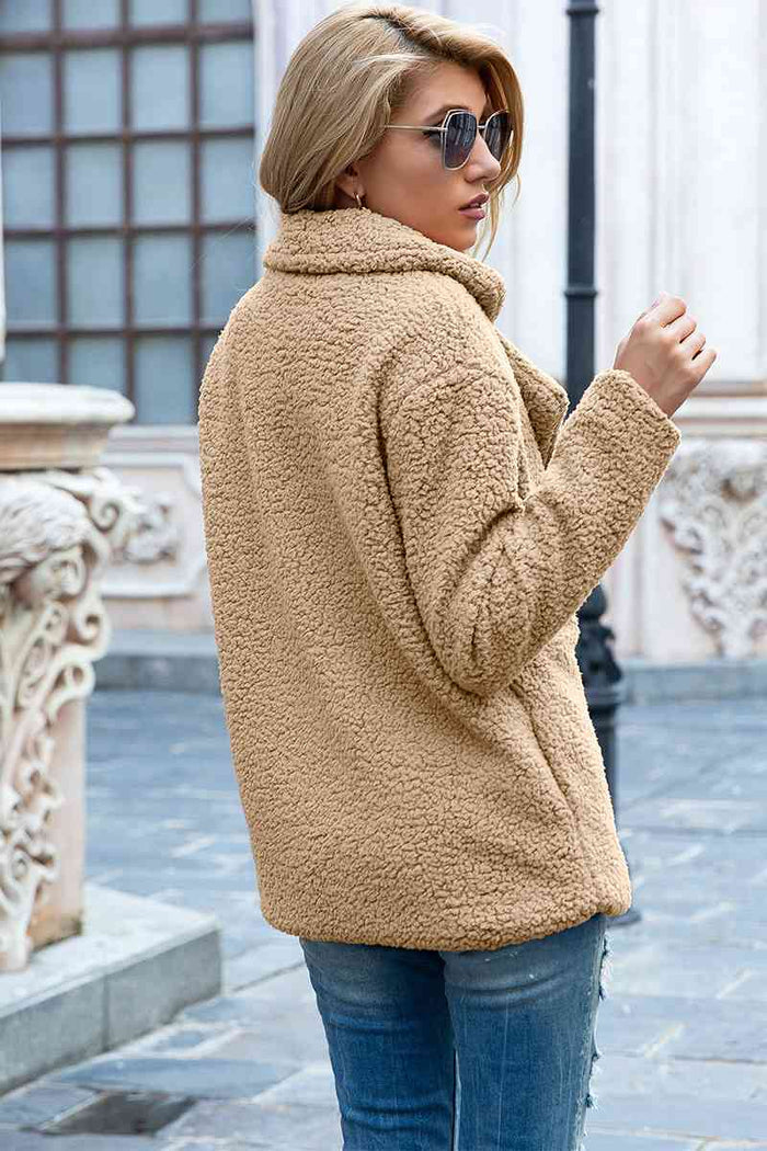 Full Size Lapel Collar Sherpa Coat - Madikfashions.com
