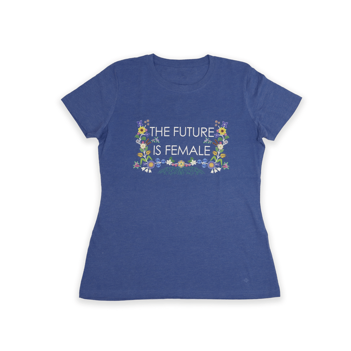 Future is Female Ladies Tee in blue with floral design celebrating female empowerment.