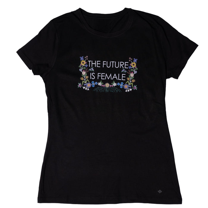 Future is Female Ladies Tee featuring floral design emphasizing female empowerment, available in various sizes.