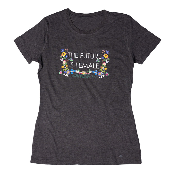 Future is Female Ladies Tee featuring a floral design celebrating female empowerment on a dark shirt.