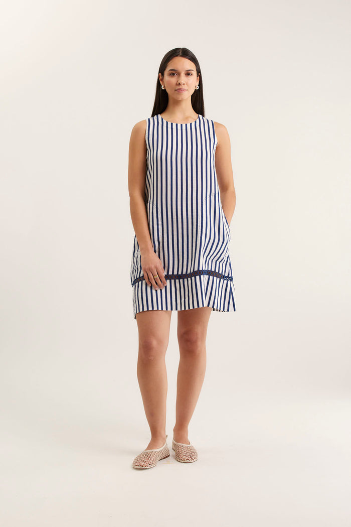 Ginger Breton Linen Dress In Navy/White