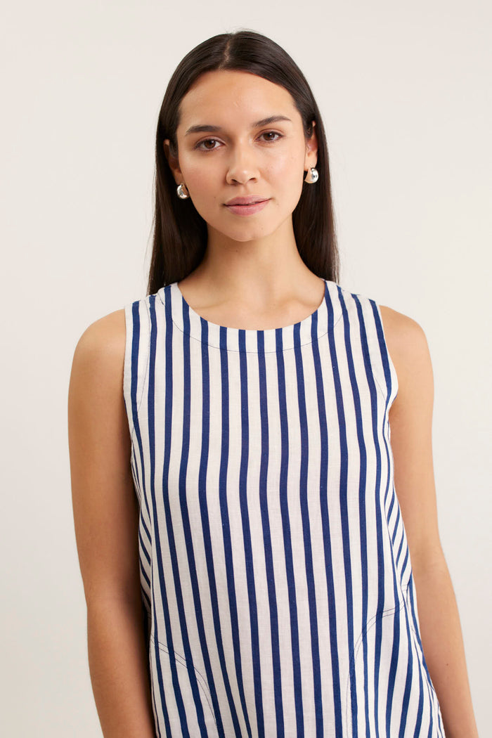 Ginger Breton Linen Dress In Navy/White