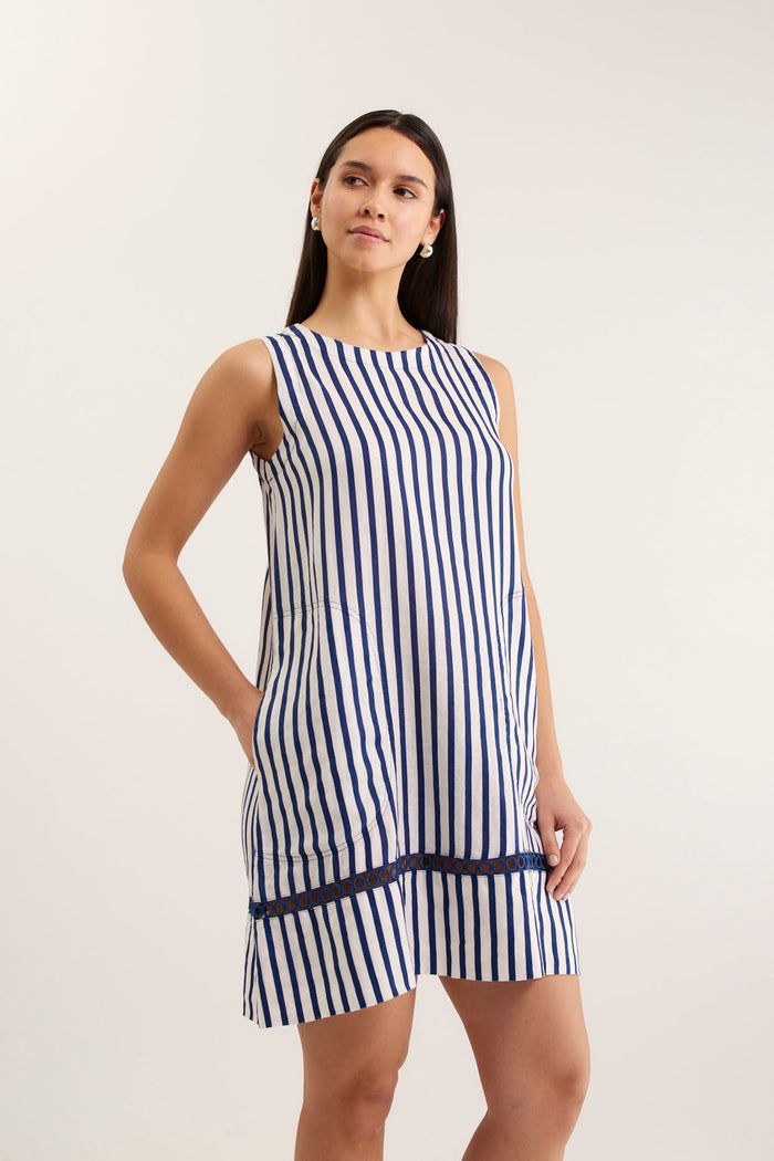 Ginger Breton Linen Dress In Navy/White
