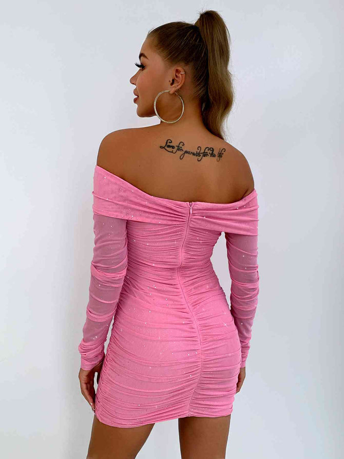 Glitter Ruched Off-Shoulder Long Sleeve Bodycon Dress - Madikfashions.com