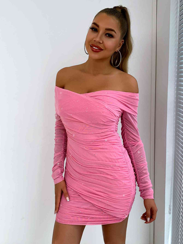 Glitter Ruched Off-Shoulder Long Sleeve Bodycon Dress - Madikfashions.com