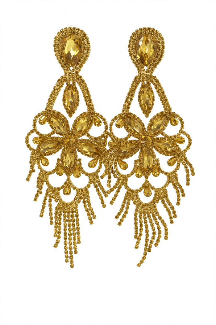 Gold crystal chandelier earrings with faceted embellishments and cascading dangling chain fringe.