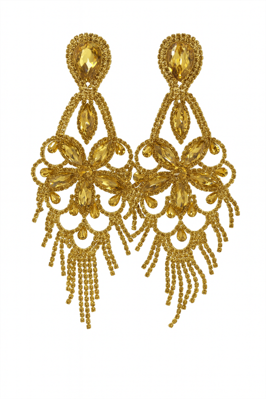 Gold crystal chandelier earrings with faceted embellishments and cascading dangling chain fringe.