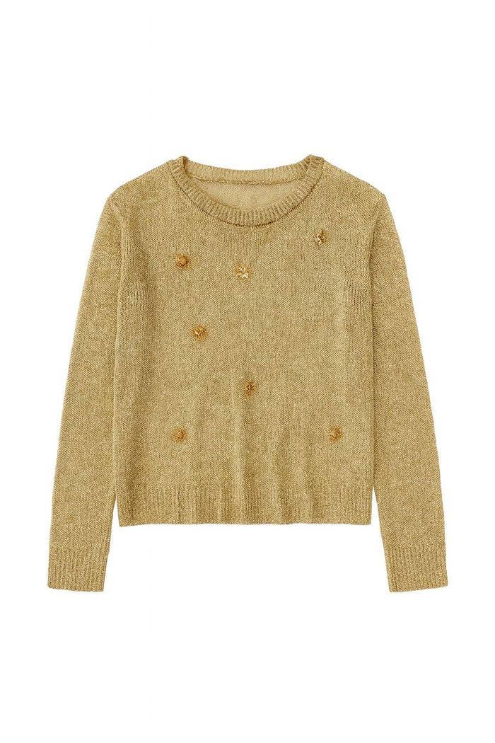 Gold embellished long sleeve sweater top with warm metallic shimmer and floral detailing across the front.