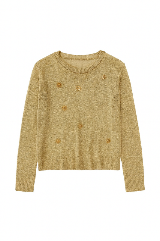 Gold embellished long sleeve sweater top with warm metallic shimmer and floral detailing across the front.