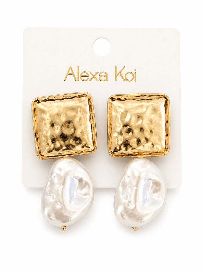 Gold Hammered Square & Baroque Pearl Drop Earrings - Born To Glam