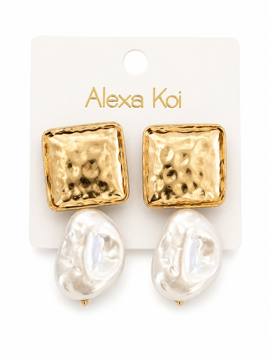 Gold Hammered Square & Baroque Pearl Drop Earrings - Born To Glam