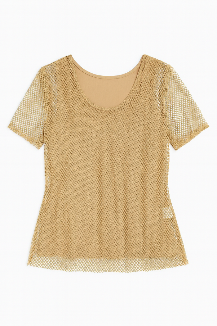 Gold sparkle mesh embellished short sleeve top layered over a matching tank with a sheer metallic finish.