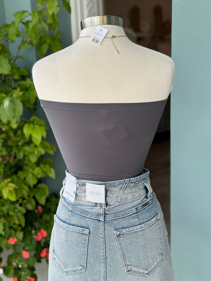 back of dark grey tube bandeau