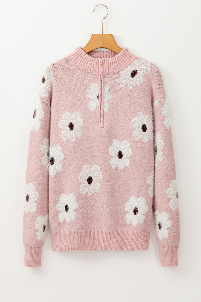 Green Floral Pattern Half Zip Drop Shoulder Sweater - Sweaters & Cardigans/Sweaters