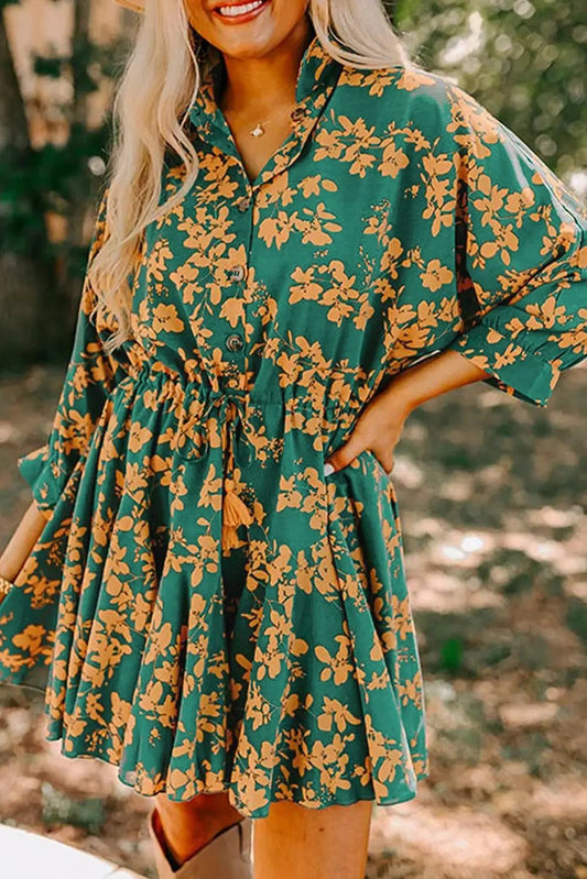 Green Floral Print Drawstring Tunic Flowy Short Dress - GREEN / S / 100% POLYESTER - Dresses/Mini Dresses