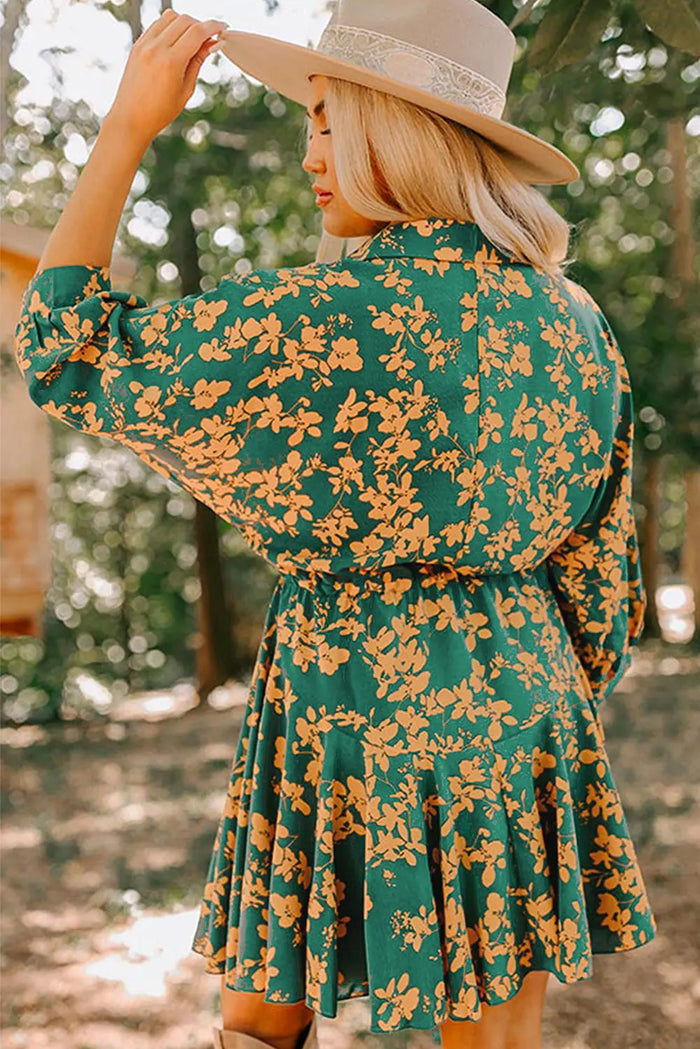 Green Floral Print Drawstring Tunic Flowy Short Dress - Dresses/Mini Dresses