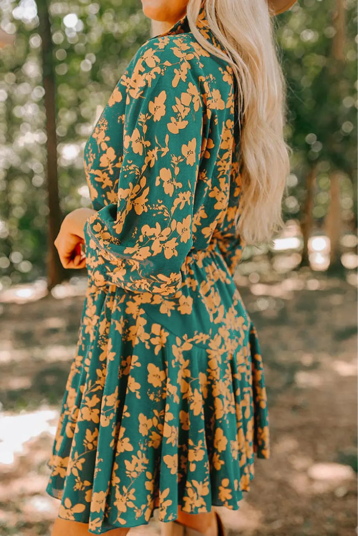 Green Floral Print Drawstring Tunic Flowy Short Dress - Dresses/Mini Dresses