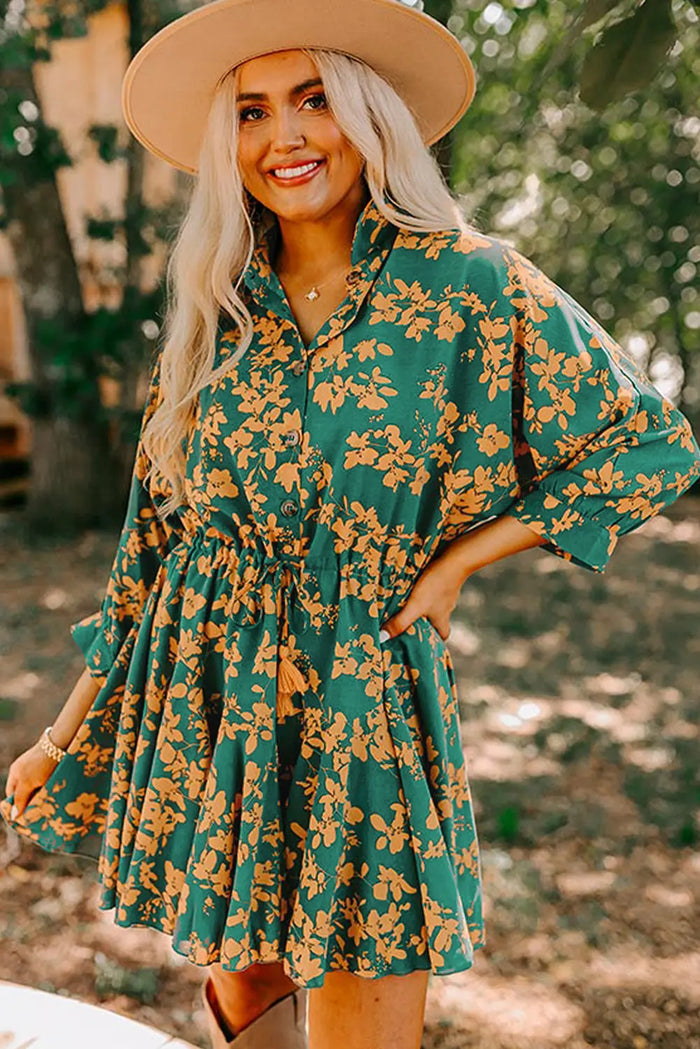 Green Floral Print Drawstring Tunic Flowy Short Dress - Dresses/Mini Dresses