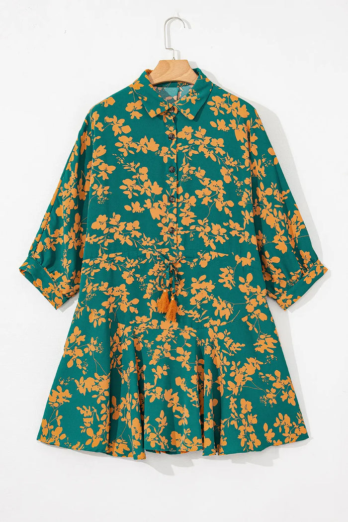 Green Floral Print Drawstring Tunic Flowy Short Dress - Dresses/Mini Dresses