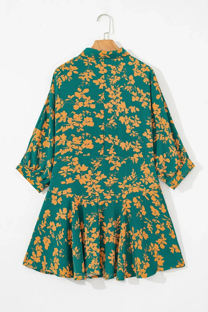 Green Floral Print Drawstring Tunic Flowy Short Dress - Dresses/Mini Dresses