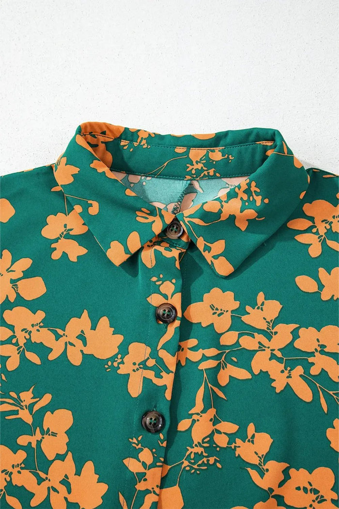 Green Floral Print Drawstring Tunic Flowy Short Dress - Dresses/Mini Dresses