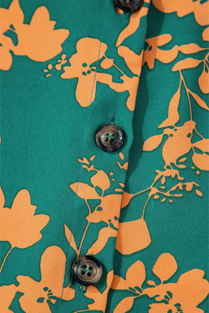 Green Floral Print Drawstring Tunic Flowy Short Dress - Dresses/Mini Dresses