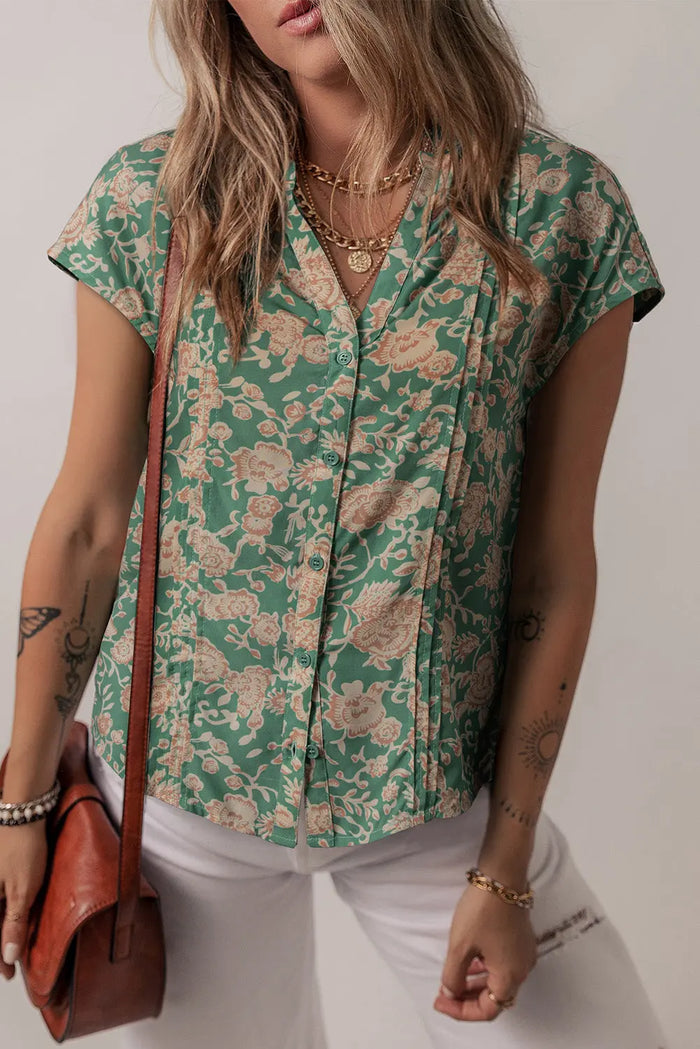 Green Floral Print Pleated Buttoned V Neck Short Sleeve Blouse - S / 100% Viscose - Tops/Blouses & Shirts