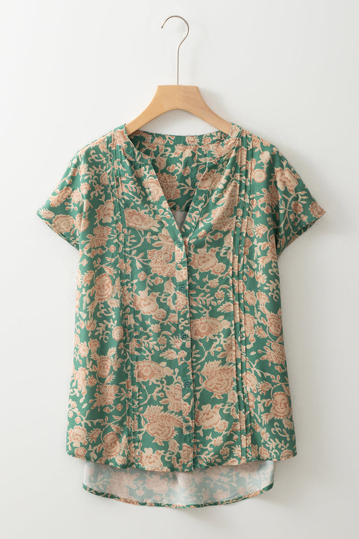Green Floral Print Pleated Buttoned V Neck Short Sleeve Blouse - Tops/Blouses & Shirts