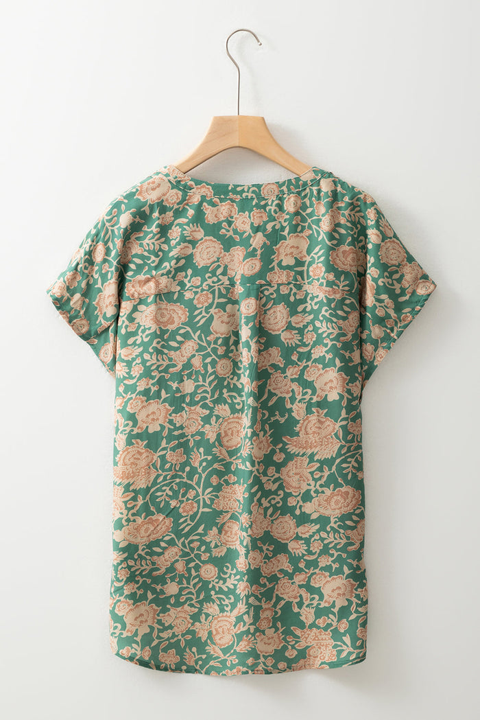 Green Floral Print Pleated Buttoned V Neck Short Sleeve Blouse - Tops/Blouses & Shirts