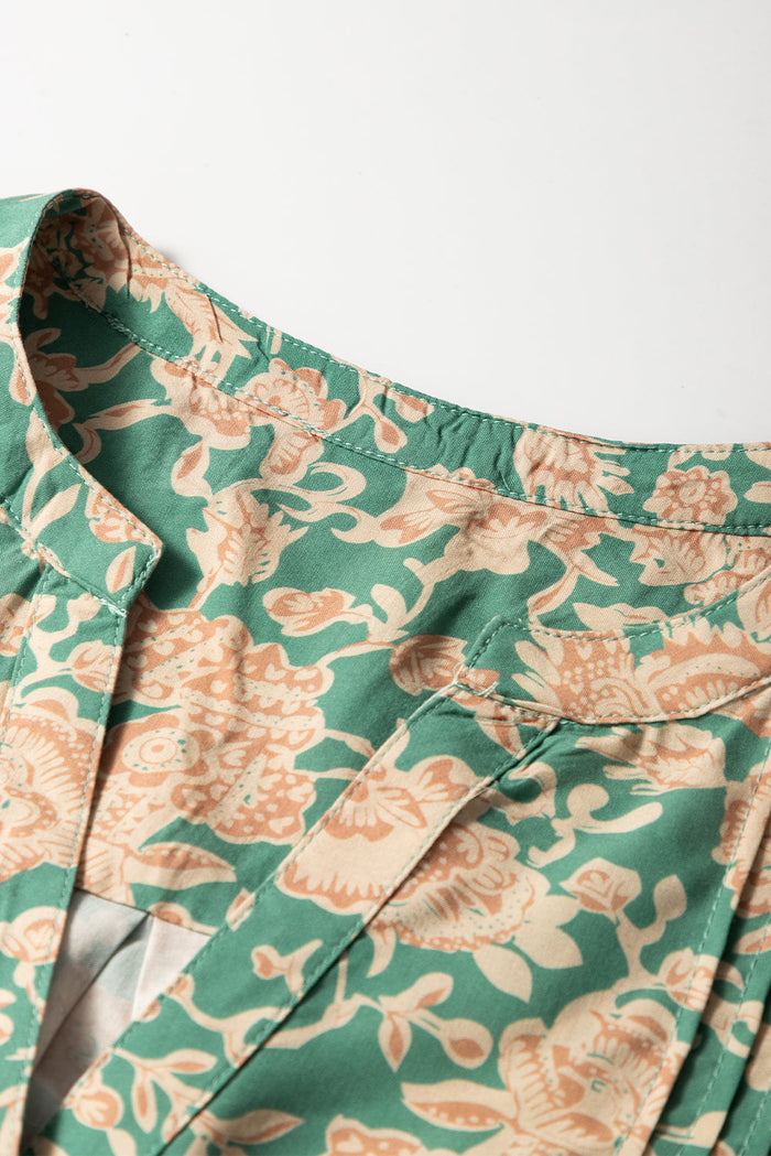 Green Floral Print Pleated Buttoned V Neck Short Sleeve Blouse - Tops/Blouses & Shirts