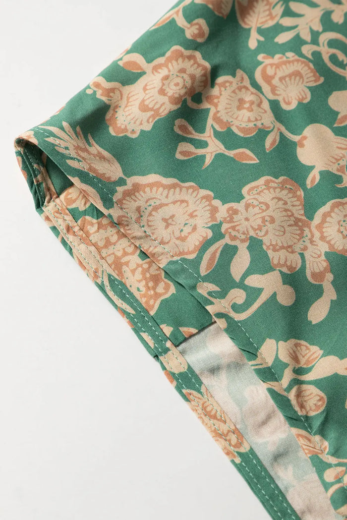 Green Floral Print Pleated Buttoned V Neck Short Sleeve Blouse - Tops/Blouses & Shirts