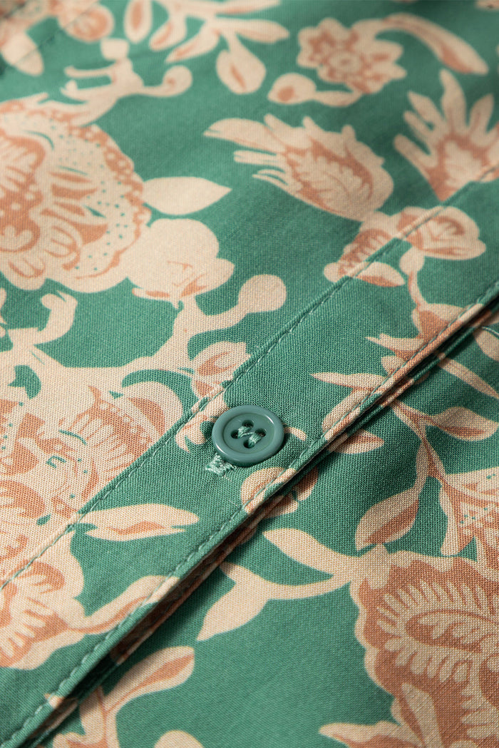 Green Floral Print Pleated Buttoned V Neck Short Sleeve Blouse - Tops/Blouses & Shirts