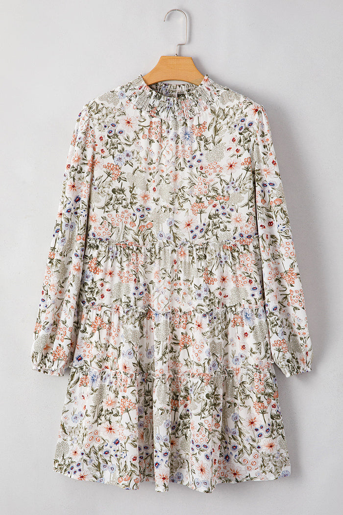 Green Floral Print Tiered Frilled Shirred Mock Neck Mini Dress - Dresses/Mini Dresses