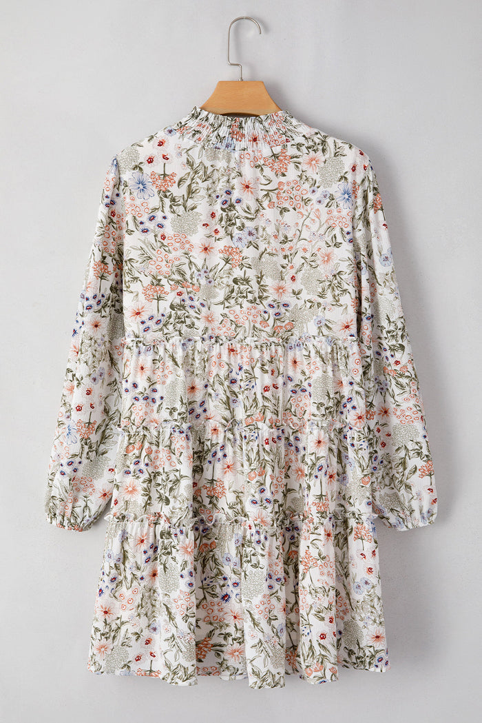 Green Floral Print Tiered Frilled Shirred Mock Neck Mini Dress - Dresses/Mini Dresses